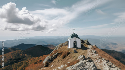 little white chapel in the mountains, church on the top of a summit, generative ai