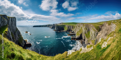 beautiful sunny beach coast, white cliffs, green valley and meadows, ireland landscape background, photo