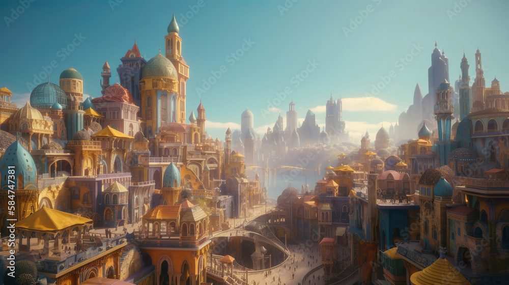 fantasy rpg game city, golden towers, bright blue sky, fantasy landscape, middle-eastern design, generative ai