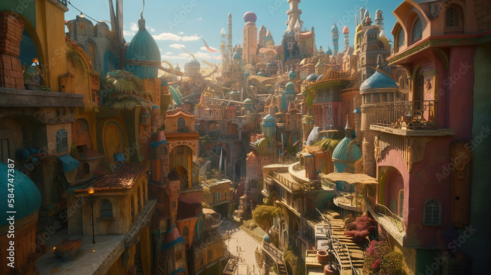fantasy rpg game city, golden towers, bright blue sky, fantasy landscape, middle-eastern design, generative ai