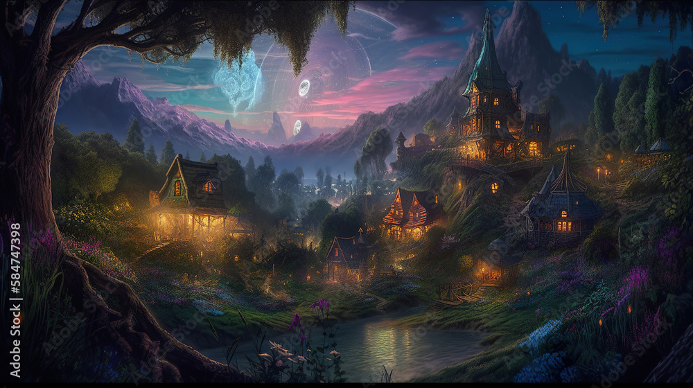 fantasy night landscape, glowing illuminesence lights, little forest town, glowing window lights, generative ai