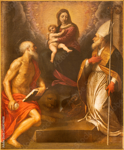 FORLÍ, ITALY - NOVEMBER 11, 2021: The paiting of Madonna with the saint Jerome and Mercuriale in the church Basilica San Mercuriale by Domenico Crespi (1559 - 1638).