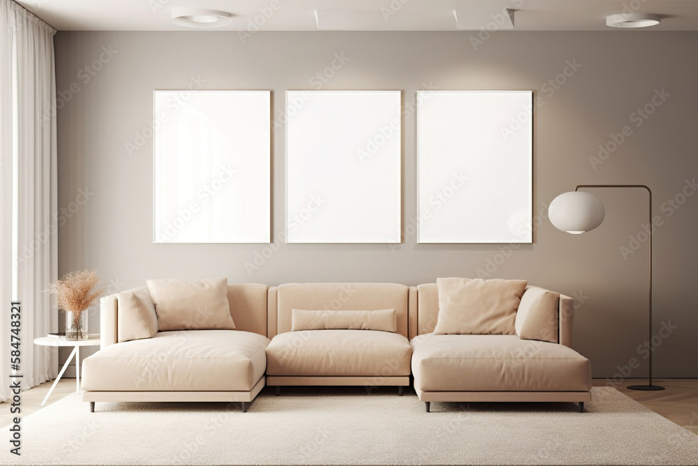Fototapeta premium modern living room interior with comfortable furnitures, contemporary design, empty frames on the wall, generative ai