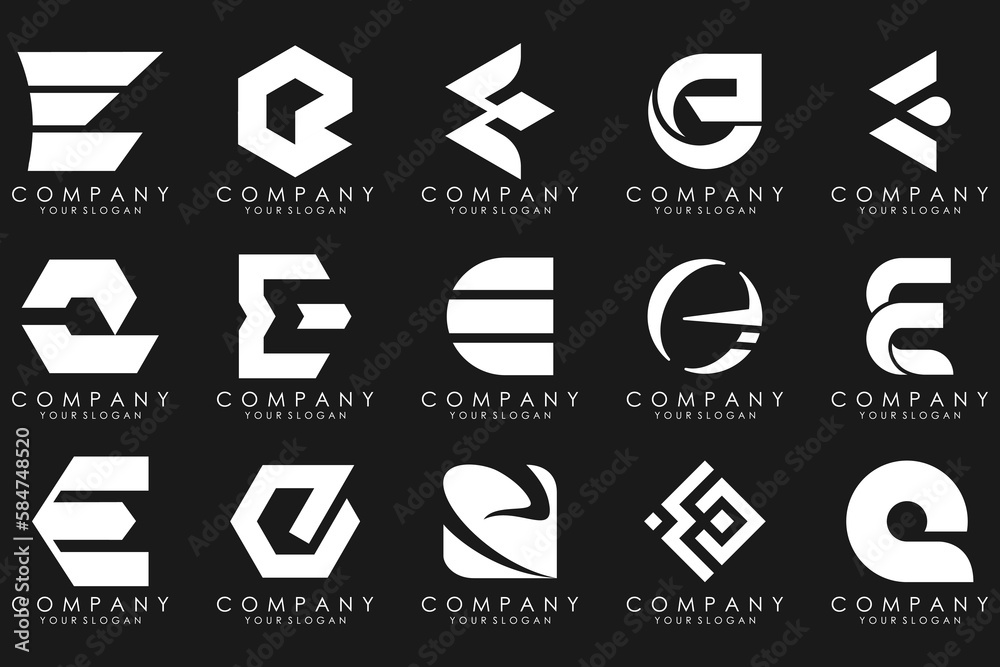 mega collection letters E logo design inspiration. Geometrical abstract logos mega collection letters E logo design inspiration. Geometrical abstract logos