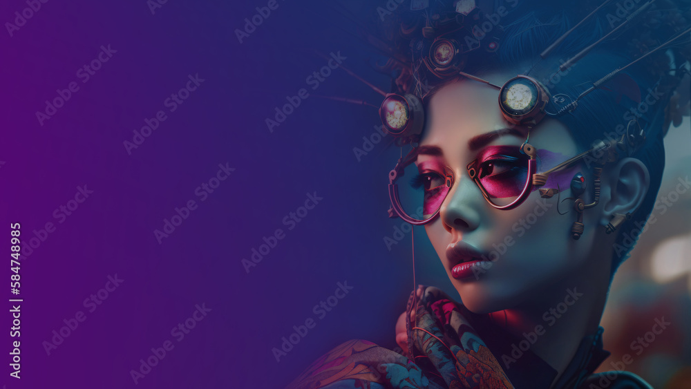 modern japanese geisha, crazy female cyborg portrait, purple desktop background design, fictional person created with generative ai
