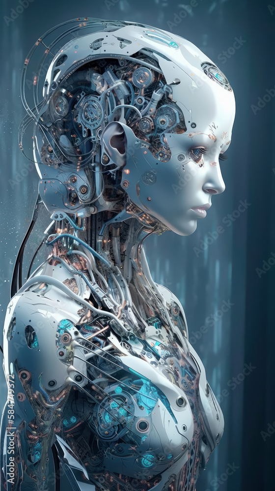beautiful Cyborg metallic woman in blue and white tones, illustration, Generative AI beautiful Cyborg metallic woman in blue and white tones, illustration, Generative AI