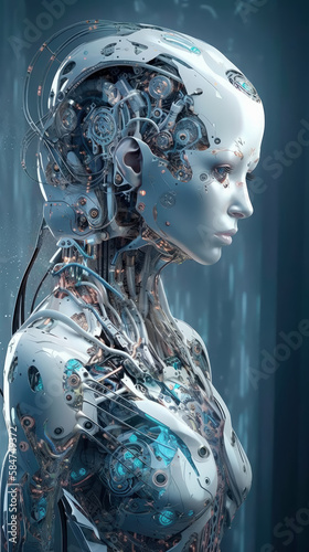 beautiful Cyborg metallic woman in blue and white tones  illustration  Generative AI
