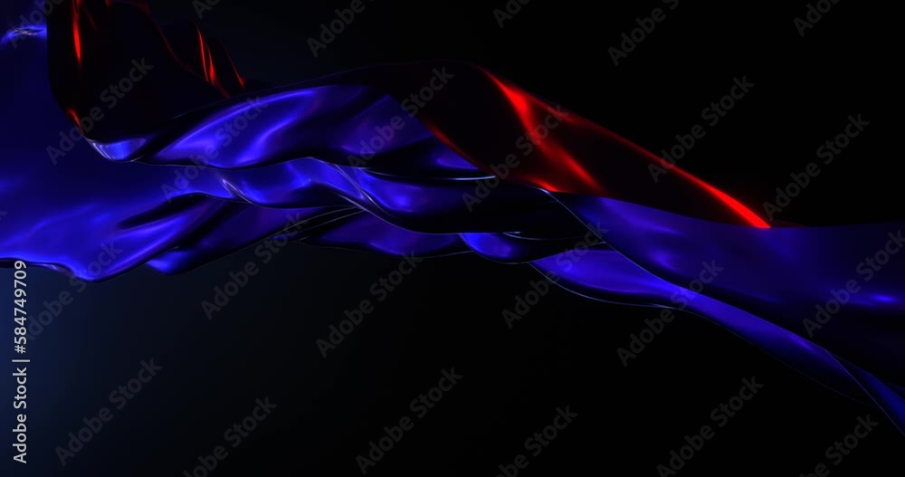 Colorful neon jet wave with glow. Soft sliding flow with red highlights of 3d render purple liquid in dark. Futuristic fabric with colorful detailing
