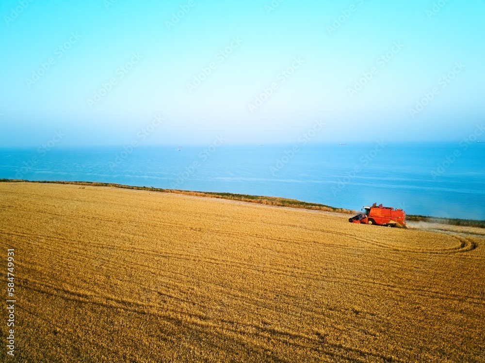 Aerial of red combine harvester working in wheat field near cliff with sea view on sunset. Harvesting machine cutting crop in farmland near ocean. Agriculture, harvesting season. Landscape scenic. Aerial of red combine harvester working in wheat field near cliff with sea view on sunset. Harvesting machine cutting crop in farmland near ocean. Agriculture, harvesting season. Landscape scenic.