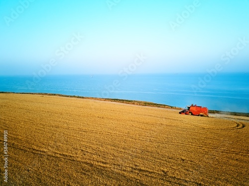 Aerial of red combine harvester working in wheat field near cliff with sea view on sunset. Harvesting machine cutting crop in farmland near ocean. Agriculture, harvesting season. Landscape scenic.
