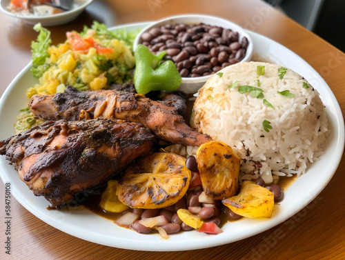 A Caribbean Jerk Chicken Plate with Rice and Beans | Generative AI