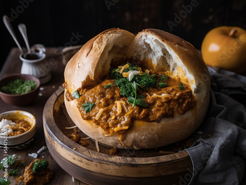 South African Spicy Curry Bunny Chow Bread Bowl on a Table | Generative AI