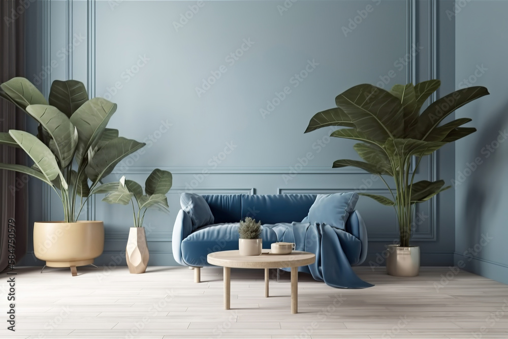 modern living room with blue sofa, green indoor plant, blank empty wall, contemporary design, generative ai modern living room with blue sofa, green indoor plant, blank empty wall, contemporary design, generative ai