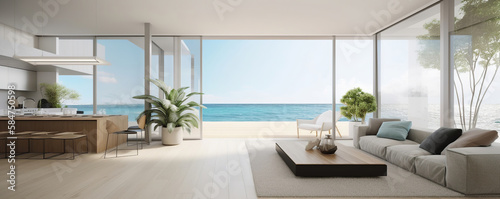 modern living room interior with comfortable furnitures, contemporary beach house, view to the ocean, light and airy design, generative ai