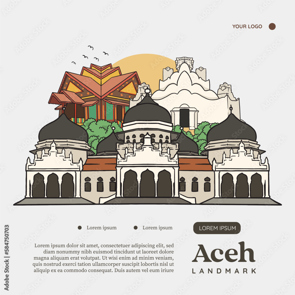 Set Aceh culture Illustration. Hand drawn Indonesian cultures background