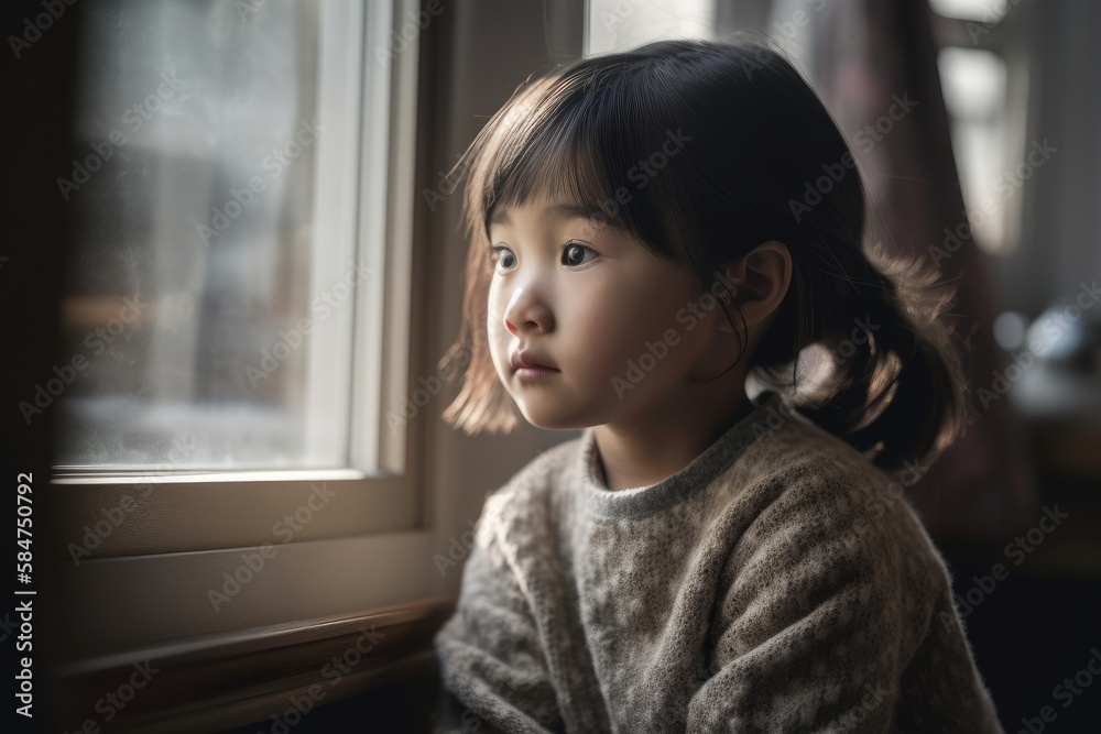 Little asian girl sits near the window Little asian girl sits near the window