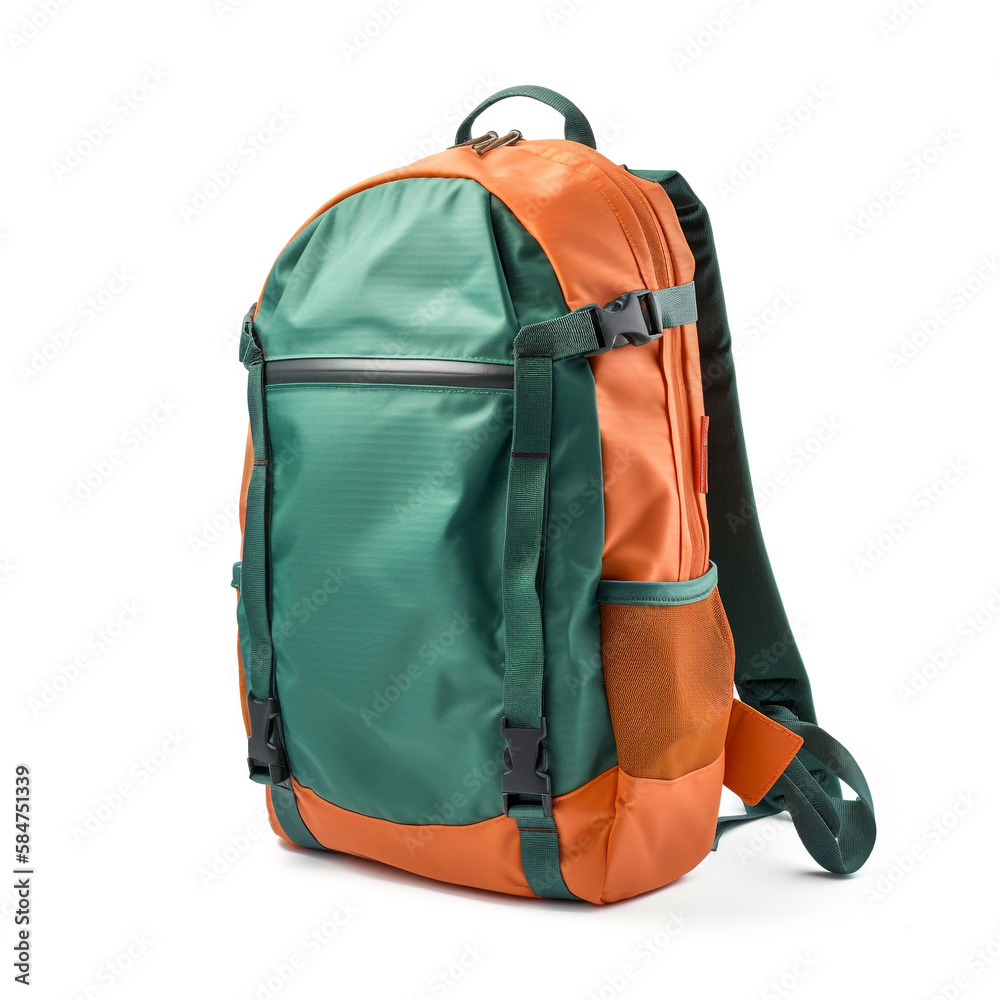 Modern design backpack made of orange and green material. Isolated on white background. Its design is adapted to its use. Modern design backpack made of orange and green material. Isolated on white background. Its design is adapted to its use.