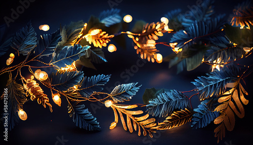 Christmas Garland with Bokeh Lights Over a Dark Blue Background AI Generative