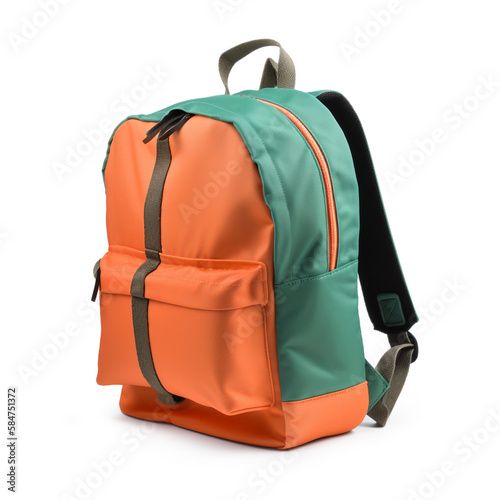 Modern design backpack made of orange and green material. Isolated on white background. Its design is adapted to its use.