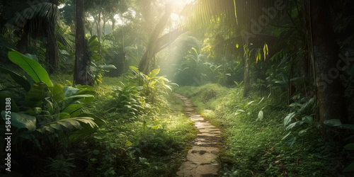 sun rays through the healthy morning jungle rainforest  green environment protection concept  generative ai