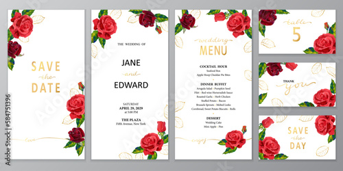 Vintage vector cards or wedding invitation with red acrylic or oil flowers on white background.