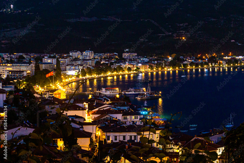 Fototapeta premium Evening aerial view of Ohrid town, North Macedonia
