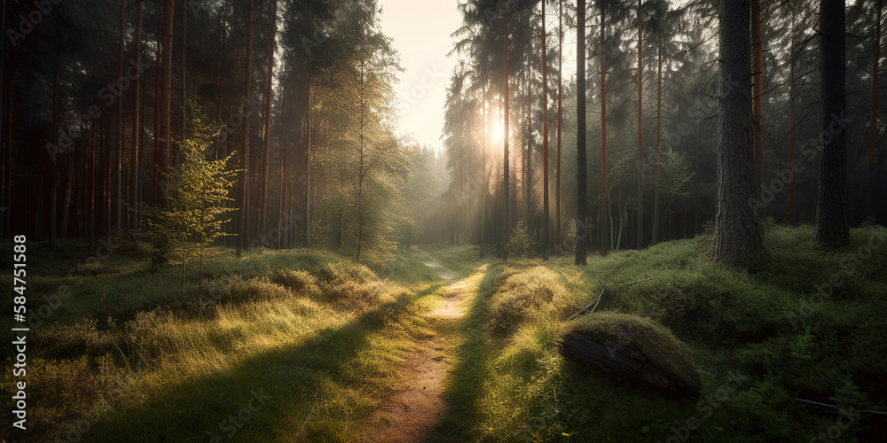 Fototapeta premium sun rays through the healthy morning pine forest, green environment protection concept, generative ai