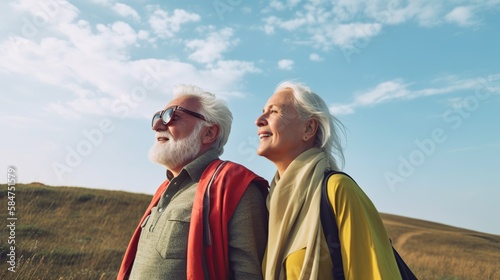 Excited elderly couple while hiking in the mountains. Happy aged spouses portrait. Senior people traveling and stick to a healthy lifestyle. Outdoor nature background. AI generative image.