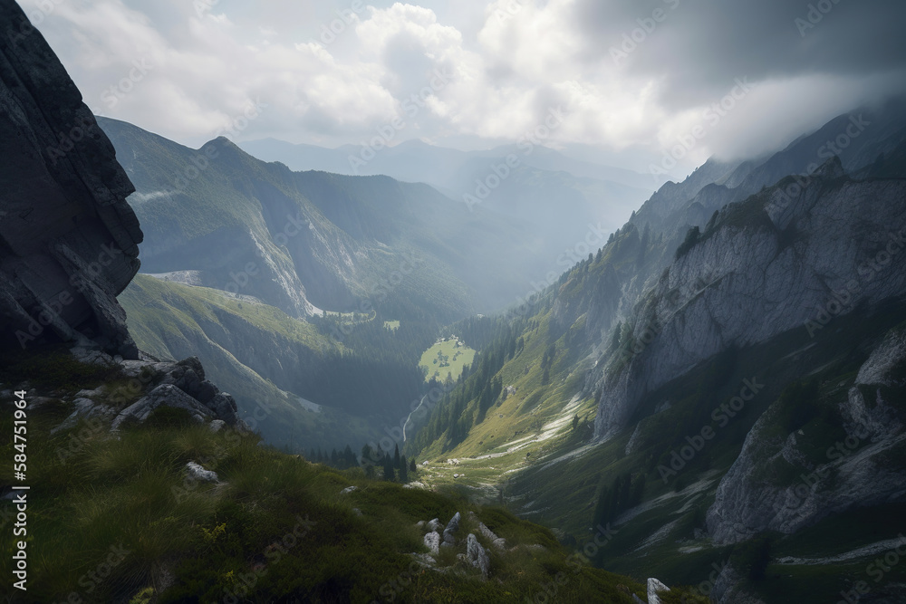 view from the top of the mountain down to the green rocky valley, generative ai