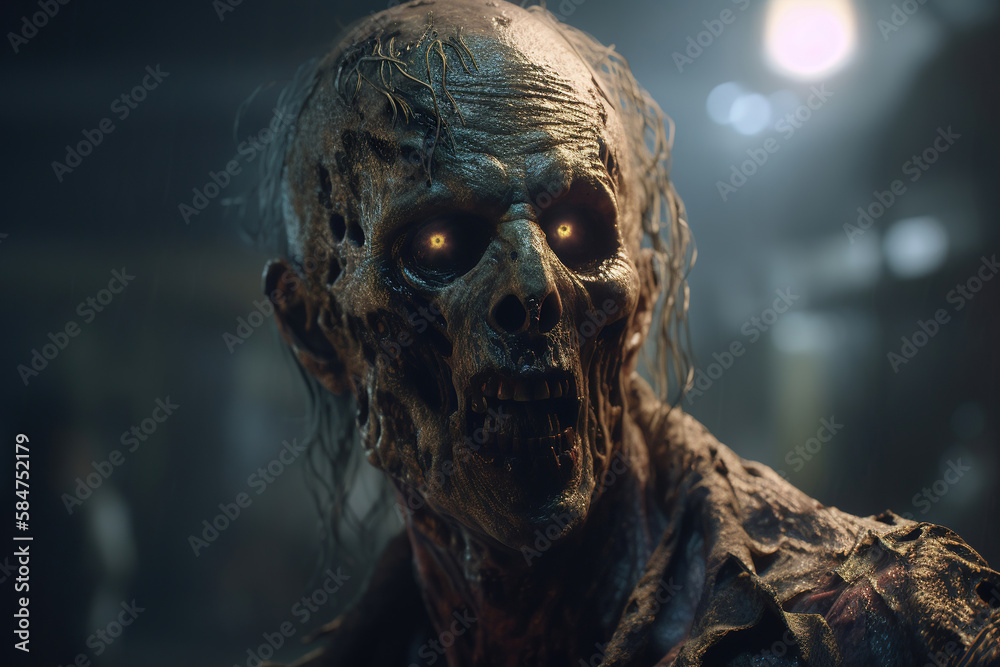 fearsome zombie man, glowing eyes, generative ai
