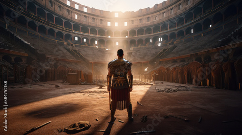 Fotografiet Ancient Roman gladiator standing on the arena in front of a crowd in a Colosseum