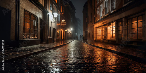 moody street in the old england town at night, lanterns, narrow street, cobblestone, generative ai