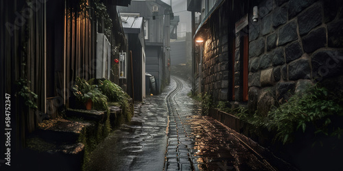 moody street in the old england town, lanterns, narrow street, generative ai © Gbor