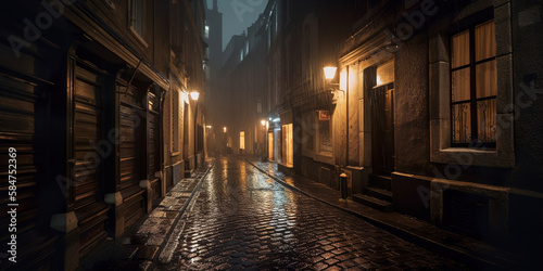 moody street in the old england town at night, lanterns, narrow street, generative ai