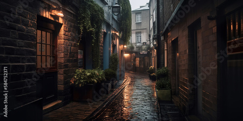 moody street in the old england town, lanterns, narrow street, generative ai