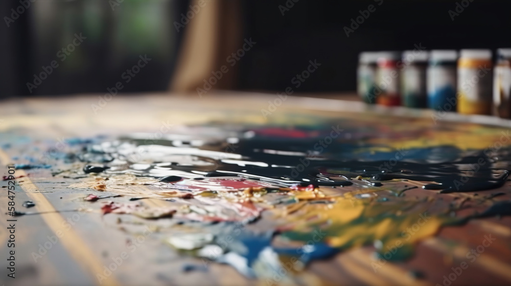 Fototapeta premium brushes and paint palette, oil paints mixing on surface, painter workshop, generative ai