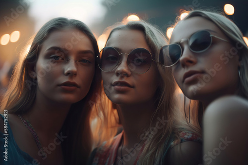 group of happy young girl friends taking salfie in a summer festival, generative ai