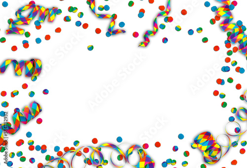 frame from colorful party streamer and confetti isolated on transparent background, party decoration from above, flat lay and overlay top view with copy space in the middle