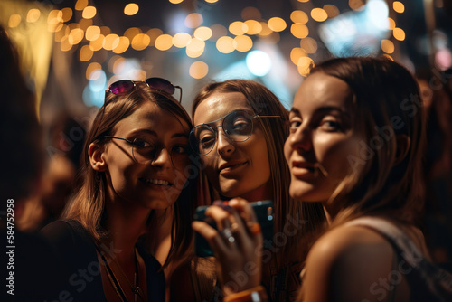 group of happy young girl friends taking salfie in a summer festival, generative ai photo