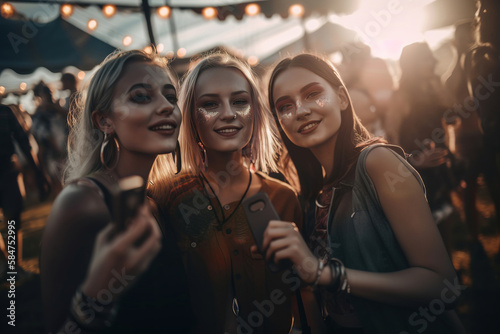 group of happy young girl friends taking salfie in a summer festival, generative ai