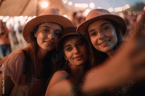 group of happy young girl friends taking salfie in a summer festival, generative ai © Gbor