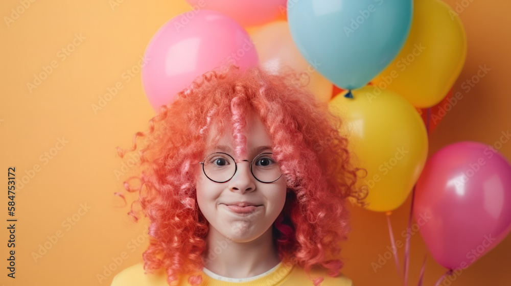 Obraz premium Laughing kid dressed for April fools day. Funny clown with a balloon. Generative AI
