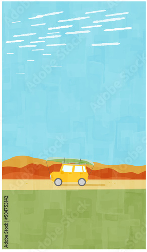 旅行に出かける荷物を積んだ車と風景の背景　秋