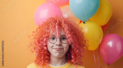 Laughing kid dressed for April fools day. Funny clown with a balloon. Generative AI