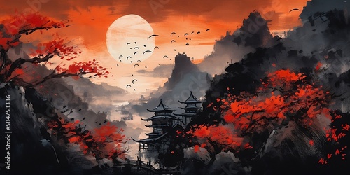 illustration of asian sunset painting, generated with AI. © Eric