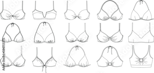 "Woman sustainable swimwear and underwear bra, technical drawing, template, sketch, flat, mock up. Cotton, Modal, Recycled PA, Recycled PES, Lycra fabric,  front view, white color"