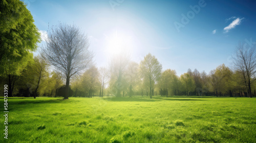 Background image of a spring landscape with grass and sky during a sunny day. Generative AI