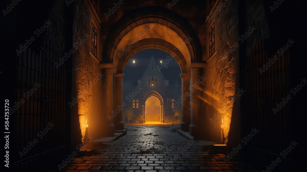 Castle gate, external entrance with arched door and burning torches.