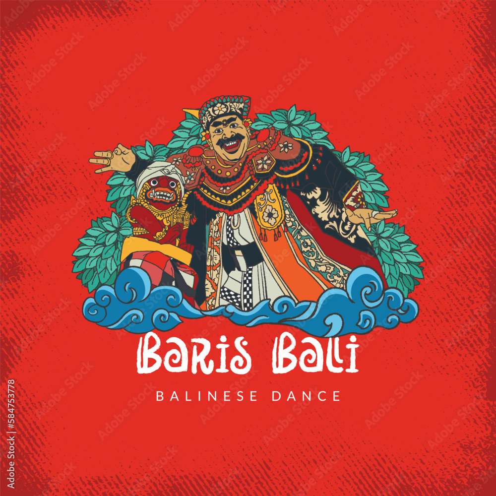 Balinese baris dancer illustration. Hand drawn Indonesian cultures for social media template or background Balinese baris dancer illustration. Hand drawn Indonesian cultures for social media template or background