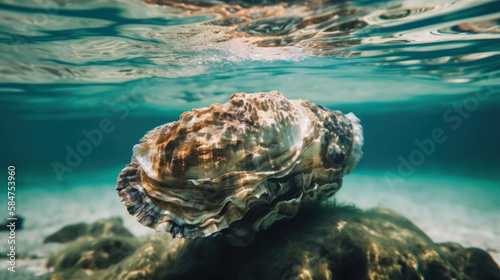 Oyster shell underwater in the sea deep in the ocean. Generative AI